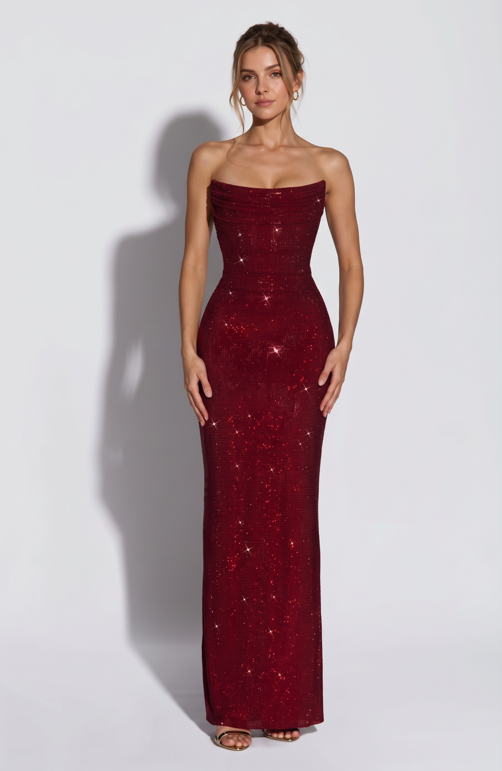 Hedy Burgundy Rhinestones Strapless Maxi Dress